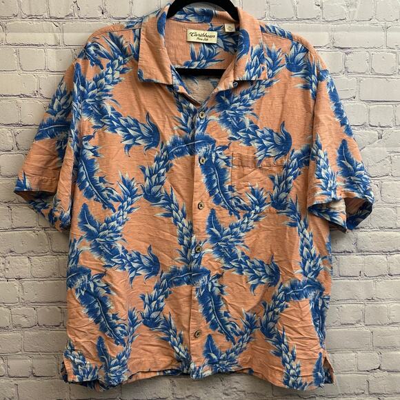Caribbean Pure Silk Orange Blue Tropical Button Down Shirt Size XL *READ - Picture 1 of 7